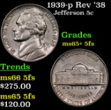 1939-p Rev '38 Jefferson Nickel 5c Grades GEM+ 5fs