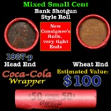Mixed small cents 1c orig shotgun roll, 1927-p Lincoln Cent, Wheat Cent other end, Coca Cola Brandt