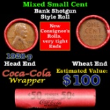 Mixed small cents 1c orig shotgun roll, 1928-p Lincoln Cent, Wheat Cent other end, Coca Cola Brandt