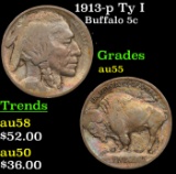 1913-p Ty I Buffalo Nickel 5c Grades Choice AU