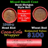 Mixed small cents 1c orig shotgun roll, 1942-p Lincoln Cent, Wheat Cent other end, Coca Cola Brandt