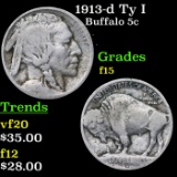 1913-d Ty I Buffalo Nickel 5c Grades f+