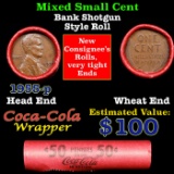 Mixed small cents 1c orig shotgun roll,  Wheat Cent, 1955-p Lincoln Cent other end, Coca Cola Brandt