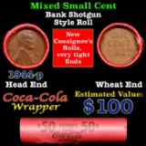 Mixed small cents 1c orig shotgun roll, 1946-p Lincoln Cent, Wheat Cent other end, Coca Cola Brandt
