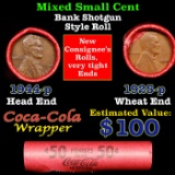 Mixed small cents 1c orig shotgun roll, 1925-p Lincoln Cent, 1944-p Lincoln Cent other end, Coca Col