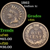 1862 Indian Cent 1c Grades vf+