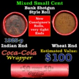 Mixed small cents 1c orig shotgun roll, 1925-s Lincoln Cent, Wheat Cent other end, Coca Cola Brandt