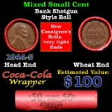 Mixed small cents 1c orig shotgun roll, 1944-d Lincoln Cent, Wheat Cent other end, Coca Cola Brandt