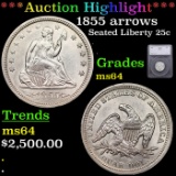 ***Auction Highlight*** 1855 arrows Seated Liberty Quarter 25c Graded ms64 BY SEGS (fc)