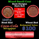Mixed small cents 1c orig shotgun roll, 1927-p Lincoln Cent, Wheat Cent other end, Coca Cola Brandt