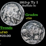 1913-p Ty I Buffalo Nickel 5c Grades vf++