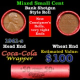 Mixed small cents 1c orig shotgun roll, 1941-s Lincoln Cent, Wheat Cent other end, Coca Cola Brandt