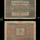 1920 Weimar Germany 10 Mark Note P: 97A Grades f+