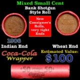 Mixed small cents 1c orig shotgun roll, Wheat Cent, 1906 Indian Cent other end, Coca Cola Brandt Wra