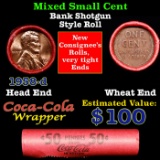 Mixed small cents 1c orig shotgun roll, 1958-d Lincoln Cent, Wheat Cent other end, Coca Cola Brandt