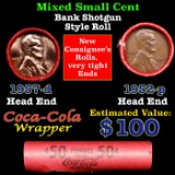 Mixed small cents 1c orig shotgun roll, 1952-p Lincoln Cent, 1957-d Lincoln Cent other end, Coca Col