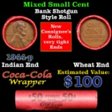 Mixed small cents 1c orig shotgun roll, 1944-p Lincoln Cent, Wheat Cent other end, Coca Cola Brandt