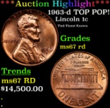 ***Auction Highlight*** 1963-d Lincoln Cent TOP POP! 1c Graded GEM++ Unc RD By USCG (fc)