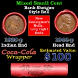 Mixed small cents 1c orig shotgun roll, 1946-p Lincoln Cent, 1920-p Lincoln Cent other end, Coca Col