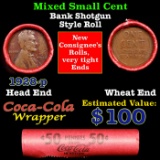 Mixed small cents 1c orig shotgun roll, 1928-p Lincoln Cent, Wheat Cent other end, Coca Cola Brandt