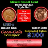 Mixed small cents 1c orig shotgun roll, 1928-p Lincoln Cent, Wheat Cent other end, Coca Cola Brandt