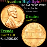 ***Auction Highlight*** 1963-d Lincoln Cent TOP POP! 1c Graded GEM++ Unc RD By USCG (fc)