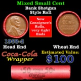 Mixed small cents 1c orig shotgun roll, 1958-d Lincoln Cent, Wheat Cent other end, Coca Cola Brandt