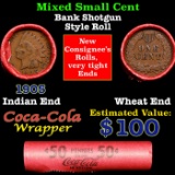 Mixed small cents 1c orig shotgun roll, Wheat Cent, 1905 Indian Cent other end, Coca Cola Brandt Wra