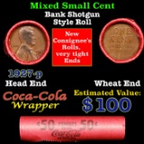 Mixed small cents 1c orig shotgun roll, 1927-p Lincoln Cent, Wheat Cent other end, Coca Cola Brandt