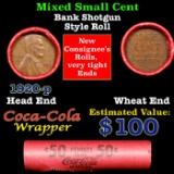 Mixed small cents 1c orig shotgun roll, 1929-p Lincoln Cent,Wheat Cent other end, Coca Cola Brandt W