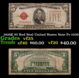 1928E $5 Red Seal United States Note Fr-1530 Grades vf+