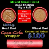 Mixed small cents 1c orig shotgun roll, 1956-p Lincoln Cent, Wheat Cent other end, Coca Cola Brandt