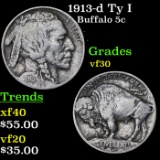 1913-d Ty I Buffalo Nickel 5c Grades vf++