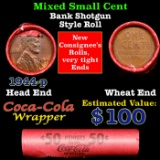 Mixed small cents 1c orig shotgun roll, 1944-p Lincoln Cent, Wheat Cent other end, Coca Cola Brandt