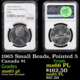 NGC 1965 Small Beads, Pointed 5 Canada Dollar $1 Graded ms65 pl By NGC