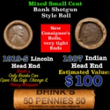 Mixed small cents 1c orig shotgun roll, 1919-s Lincoln Cent, 1887 Indian Cent other end, Brandt Wrap