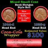 Mixed small cents 1c orig shotgun roll, 1925-p Lincoln Cent, 1944-d Lincoln Cent other end, Coca Col