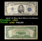1934C $5 Blue Seal Silver Certificate Grades vf+