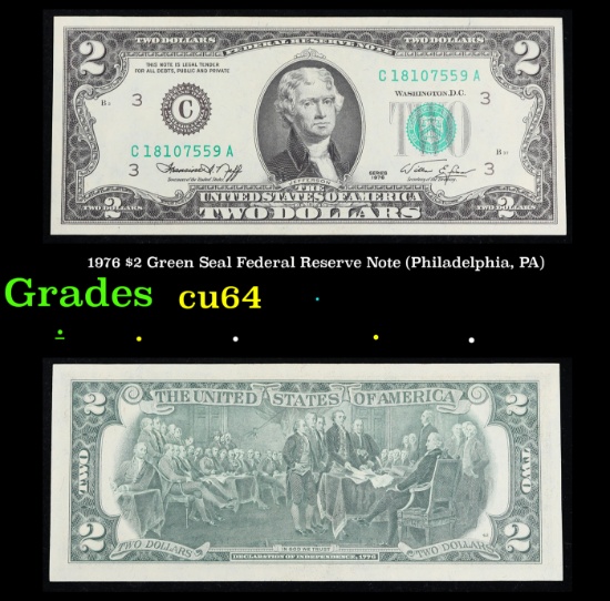1976 $2 Green Seal Federal Reserve Note (Philadelphia, PA) Grades Choice CU