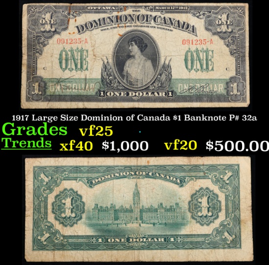 1917 Dominion of Canada $1 Banknote P# 32a Grades vf+