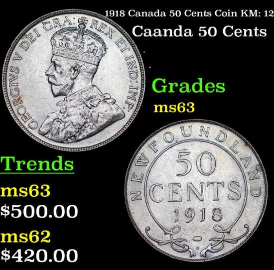 1918 Canada 50 Cents Coin KM: 12 Grades Select Unc