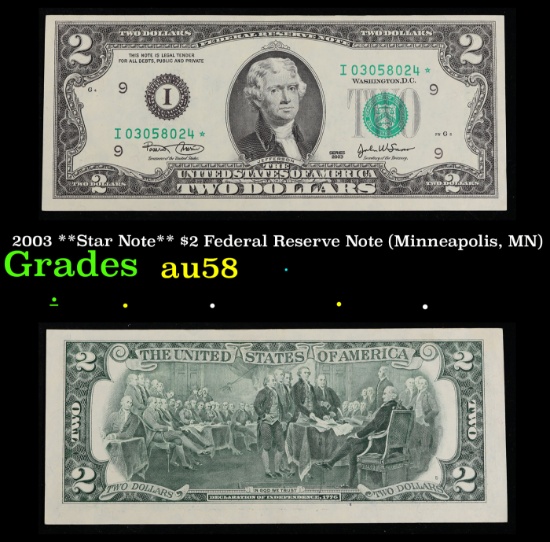 2003 **Star Note** $2 Federal Reserve Note (Minneapolis, MN) Grades Choice AU/BU Slider