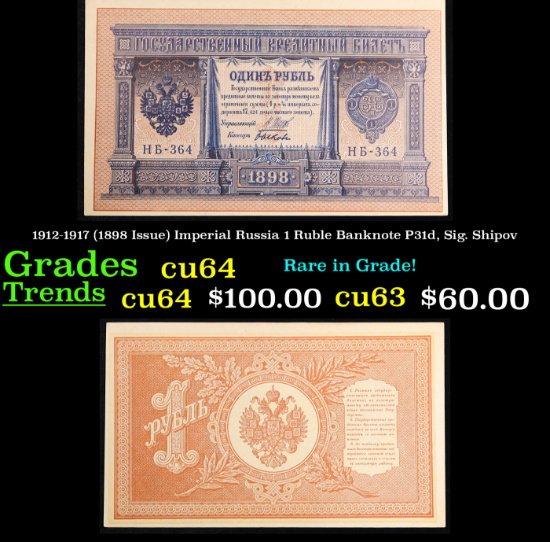 1912-1917 (1898 Issue) Imperial Russia 1 Ruble Banknote P31d, Sig. Shipov Grades Choice CU