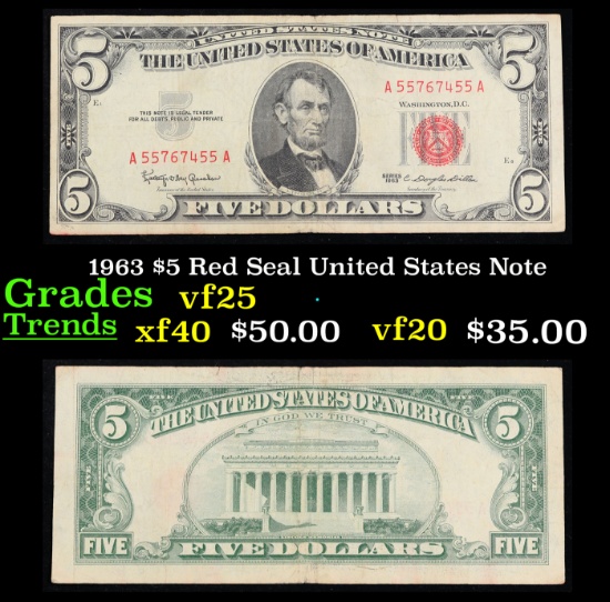 1963 $5 Red Seal United States Note Grades vf+