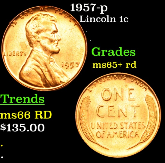1957-p Lincoln Cent 1c Grades Gem+ Unc RD