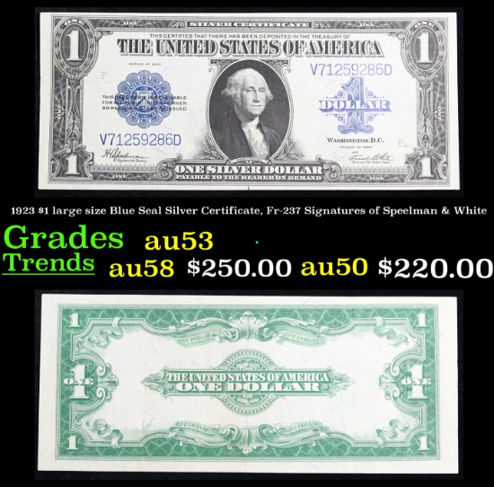 1923 $1 large size Blue Seal Silver Certificate, Fr-237 Signatures of Speelman & White Grades Select