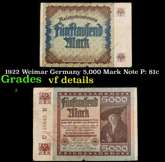 1922 Weimar Germany 5,000 Mark Note P: 81c Grades vf details
