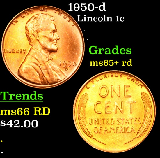 1950-d Lincoln Cent 1c Grades Gem+ Unc RD