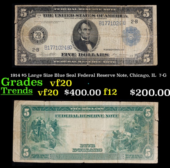 1914 $5 Large Size Blue Seal Federal Reserve Note, Chicago, IL  7-G Grades vf, very fine