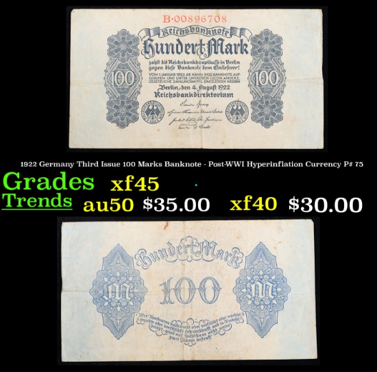 1922 Germany Third Issue 100 Marks Banknote - Post-WWI Hyperinflation Currency P# 75 Grades xf+